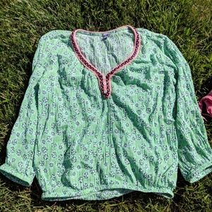 XS Aerie blouse gree and pink 3/4 sleeve, pom-poms